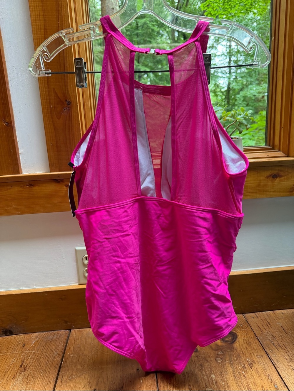 Tempt me hot pink one piece bathing suit high mesh v neck size XL - Picture 5 of 11